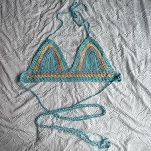 Shein Colorful Rainbow Blue Pink Yellow Crochet Bikini Crop Top Wrap Tie